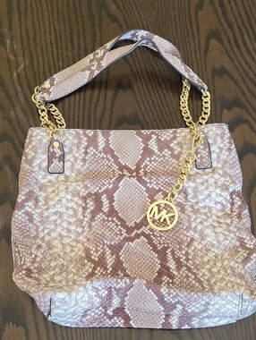 Michael Kors Snakeskin-Print Shoulder Bag with Gold Chain and MK Charm